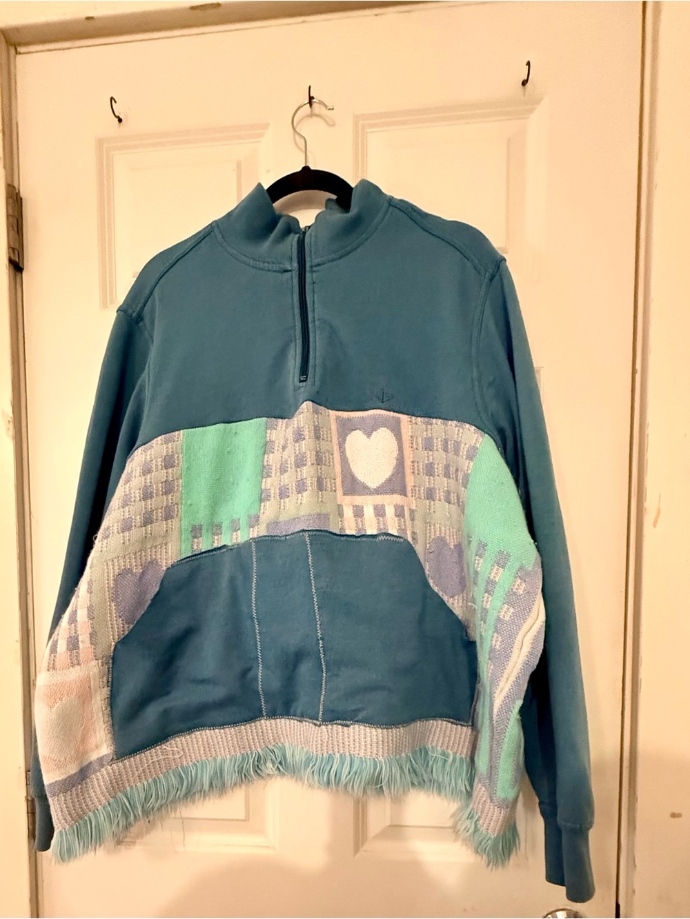 Upcycled Tapestry Hearts Dockers Half-Zip Sweater